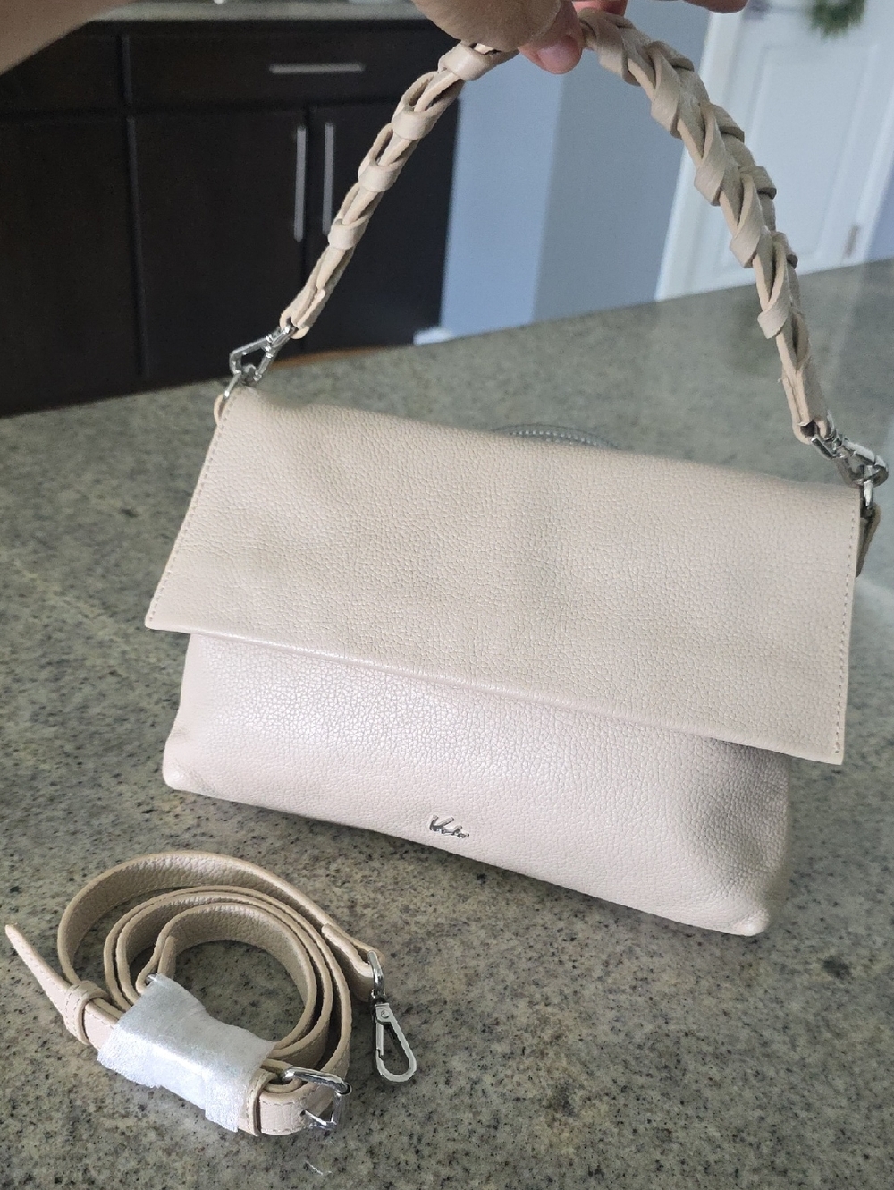 NWOT...Taupe/cream Braided-Handle Pebble Leather Small Shoulder Bag